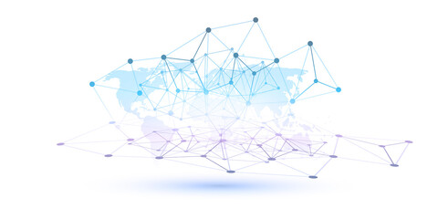 Abstract Blue and White Minimal Style Cloud Computing, Networks Structure, Telecommunications Concept Design, Network Connections, Transparent Geometric Mesh and World Map - Vector Illustration