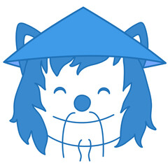 emoji with a stereotypical chinese wolf wearing an asian conical straw hat, funny cartoon character with simplistic facial expression, simple hand drawn circle shaped emoticon