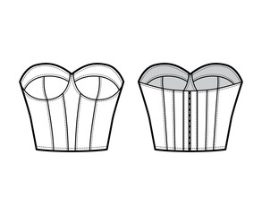 Bustier Corsetry lingerie technical fashion illustration with molded cup, bones, hook-and-eye closure, slim fit. Flat brassiere template front, back white color style. Women men underwear CAD mockup
