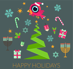 Vector Happy Holidays Greeting card for Christmas and Hanukkah
