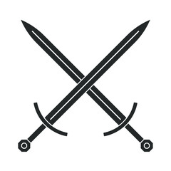 Sword vector illustration icon. Sword crossed military or heraldry symbol. Protection and security sign. Medieval or knight weapon. Fantasy longsword logo. Clip-art silhouette.