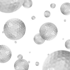 Many golf balls free falling on white background. Selective focus, shallow depth of field. 3D illustration.