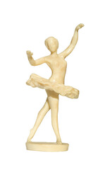 Figurine of a ballerina girl made of ivory isolated on white. Porcelain statuette of dancing ballerina