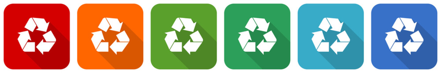 Recycle icon set, flat design vector illustration in 6 colors options for webdesign and mobile applications