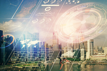Data theme hologram drawing on city view with skyscrapers background multi exposure. Bigdata...