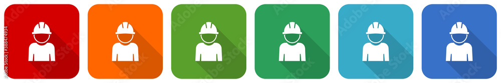 Poster engineer, worker, manager, employe icon set, flat design vector illustration in 6 colors options for