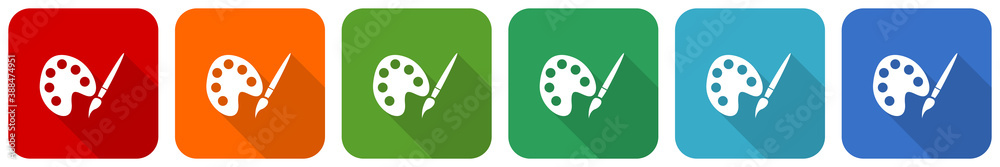 Poster paint brush, palette, art icon set, flat design vector illustration in 6 colors options for webdesig