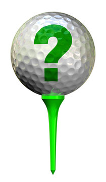 Golf concept - ball on peg with question symbol. 3D illustration.
