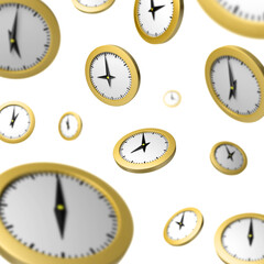 Many yellow clocks free falling. Shallow depth of field, selective focus. 3D illustration.