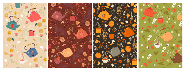 Set of seamless patterns with teapots and mugs. Vector graphics.