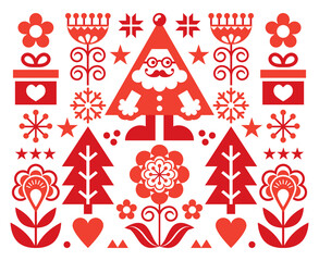 Fototapeta na wymiar Christmas Santa Claus vector greeting card design, Scandinavian folk art style festive background in red on white