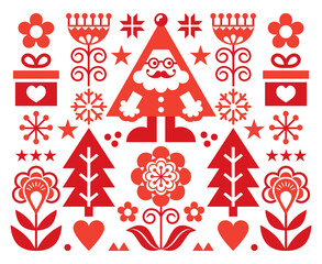 Christmas Santa Claus vector greeting card design, Scandinavian folk art style festive background in red on white

