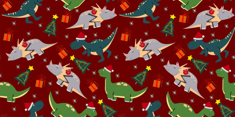 Cute Christmas seamless pattern with dinosaurs wearing Santa hat. For wrapping paper, fabric, packaging and any kind of surfaces.