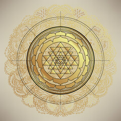 The Sri Yantra or Sri Chakra, form of mystical diagram, Shri Vidya school of Hindu tantra symbol. Sacred geometry vector design element. Vector illustration. Alchemy, occultism, spirituality.