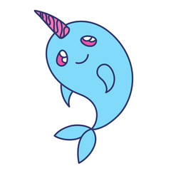 Cute narwhal with big kawaii eyes - isolated vector illustration. Sticker of horned chibi whale. Design element for baby shower, kids party in style Under the Sea or childish game