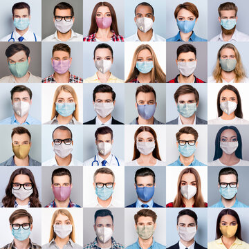 Collage of many diverse multi-ethnic close up headshots on people in medical surgical masks beautiful handsome pretty expressing concentrated thoughtful dreamy emotions isolated grey background