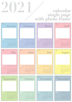 calendar 2021 single page with big white photo frame