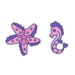 Fancy ocean creatures - seahorse and starfish. Simple stickers in naive cartoon style. Isolated vector for print out as kids party decor or design elements for a-la Under the Sea childish game