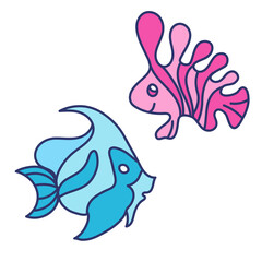 Fancy oceanic fishes in naive style. Isolated vector of two exotic fishes in cartoon style. Suitable for print out for decor of kids party, birthday or a-la Under the Sea childish stickers