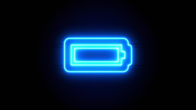 Full Battery neon sign appear in center and disappear after some time. Animated blue neon alphabet symbol on black background. Looped animation.