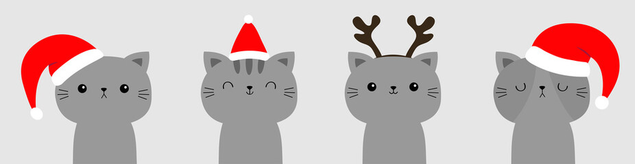Merry Christmas cat set. Gray face icon in red santa hat. Line banner. Funny kawaii doodle baby animal. Cute cartoon funny character. Pet collection. Kitten kitty. Flat design. White background.