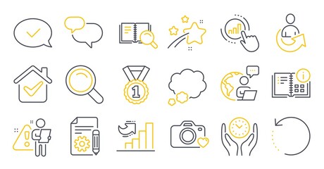 Fototapeta premium Set of Education icons, such as Instruction info, Photo camera, Share symbols. Talk bubble, Chat message, Search book signs. Recovery data, Best rank, Growth chart. Safe time, Search. Vector