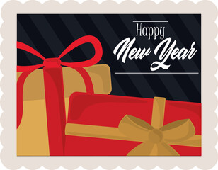 happy new year 2021, lettering and gift boxes, postage stamp icon