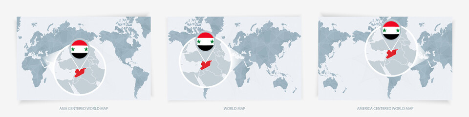 Three versions of the World Map with the enlarged map of Syria with flag.