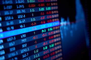 A closeup of a monitor screen depicting stock quotes and rates.