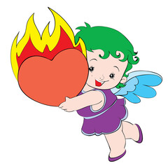 cute angel with burning heart in his hands, isolated object on white background, cartoon illustration, vector,