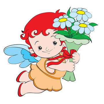 cute angel mc with a bouquet of flowers in hands, isolated object on white background, cartoon illustration, vector,