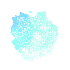 Round white mandala isolated on colorful background. Mandala on top of watercolor blotch. Beautiful pattern.