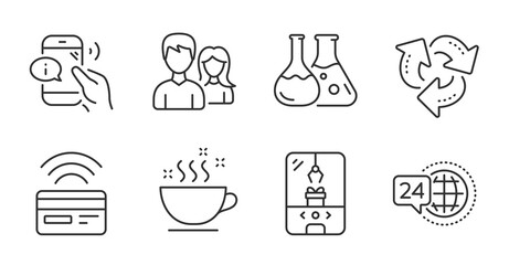 Chemistry lab, 24h service and Couple line icons set. Recycle, Call center and Crane claw machine signs. Coffee cup, Contactless payment symbols. Laboratory, Call support, Male and female. Vector