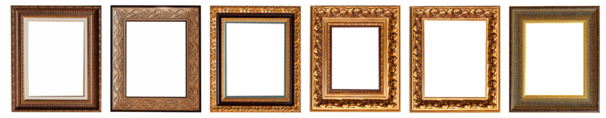 Frames baguettes gold silver set isolated on white background pattern.