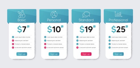 Search, Chemistry experiment and Chat message line icons set. Price table chart, business plan template. Graph sign. Find results, Laboratory flask, Speech bubble. Presentation diagram. Vector