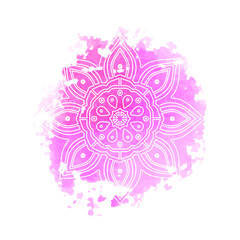 Round white mandala isolated on colorful background. Mandala on top of watercolor blotch. Beautiful pattern.