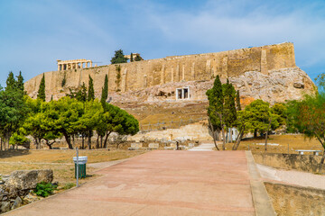 A view of the Acropolis park in Athens, Greece with the Parthenon on the hill
