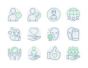People icons set. Included icon as Face verified, Edit user, Face biometrics signs. Hold heart, Employee hand, Recruitment symbols. Love, Global business, Like hand. Person, Best buyers. Vector