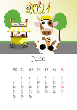 June 2021. Calendar month with a bull in a funny hat And ice cream in the park. Editable vector template. Vector illustration in a flat style.