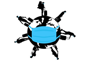 Coronavirus (Covid-19) in world, people (tourists) in medical masks with suitcases and luggages standing and waiting time of travel, silhouettes. Planet Earth in medical mask. Vector illustration