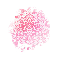 Round white mandala isolated on colorful background. Mandala on top of watercolor blotch. Beautiful pattern.