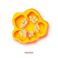 Yellow pepper slices in paper cut style on white background. Fresh vegetable. Healthy food