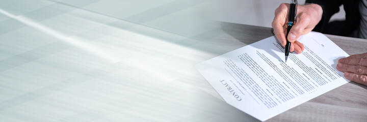 Obraz premium Male hands checking contract; panoramic banner