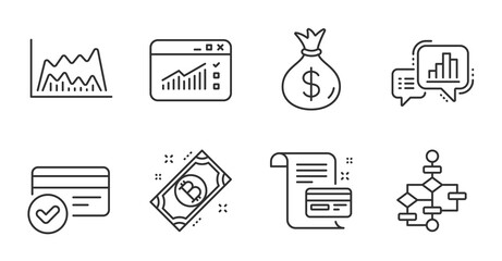 Trade chart, Payment methods and Bitcoin line icons set. Graph chart, Web traffic and Money bag signs. Payment card, Block diagram symbols. Quality line icons. Trade chart badge. Vector