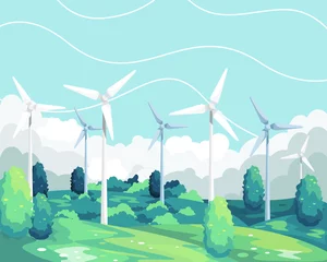 Poster Vector illustration Wind turbine renewable energy. Wind turbine scenic landscape, Green and Environmentally friendly energy. Wind turbine tower in Field green. Vector illustration in a flat style © Fand