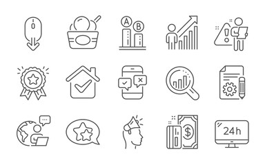 Fototapeta premium Phone survey, Seo analysis and Star line icons set. Ice cream, Scroll down and Loyalty award signs. Employee result, Payment and Documentation symbols. Line icons set. Vector
