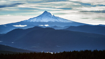 Dramatic panoramic view of Mount Hood in Oregon.
