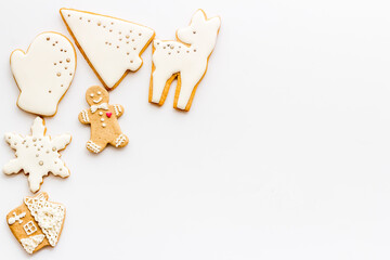 Flat lay of icing gingerbread cookies, top view