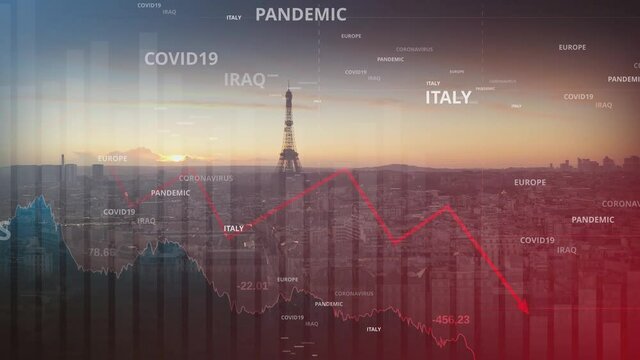 Covid-19 causing a the economics and share prices to decline, European stock market in bear mode, double exposure, with the Eiffel tower and Paris city in the background - 3d render animation