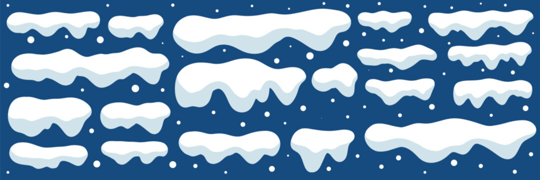 Set of white snow caps with shadow isolated on blue background vector illustration. Snowy cartoon elements for winter backgrounds and design.